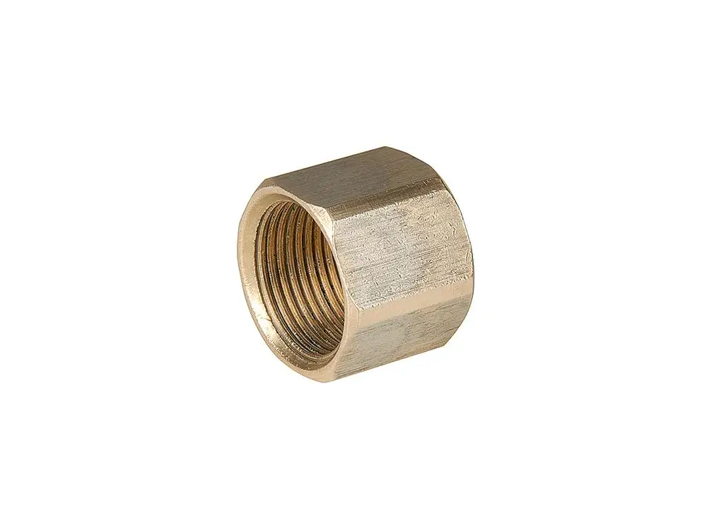 Kappe aus Messing, innen mit Gewinde, zur Verbindung von Rohren. Produkt von Fränkische, geeignet für Verteiler in Heizungs- oder Wasserinstallationen.